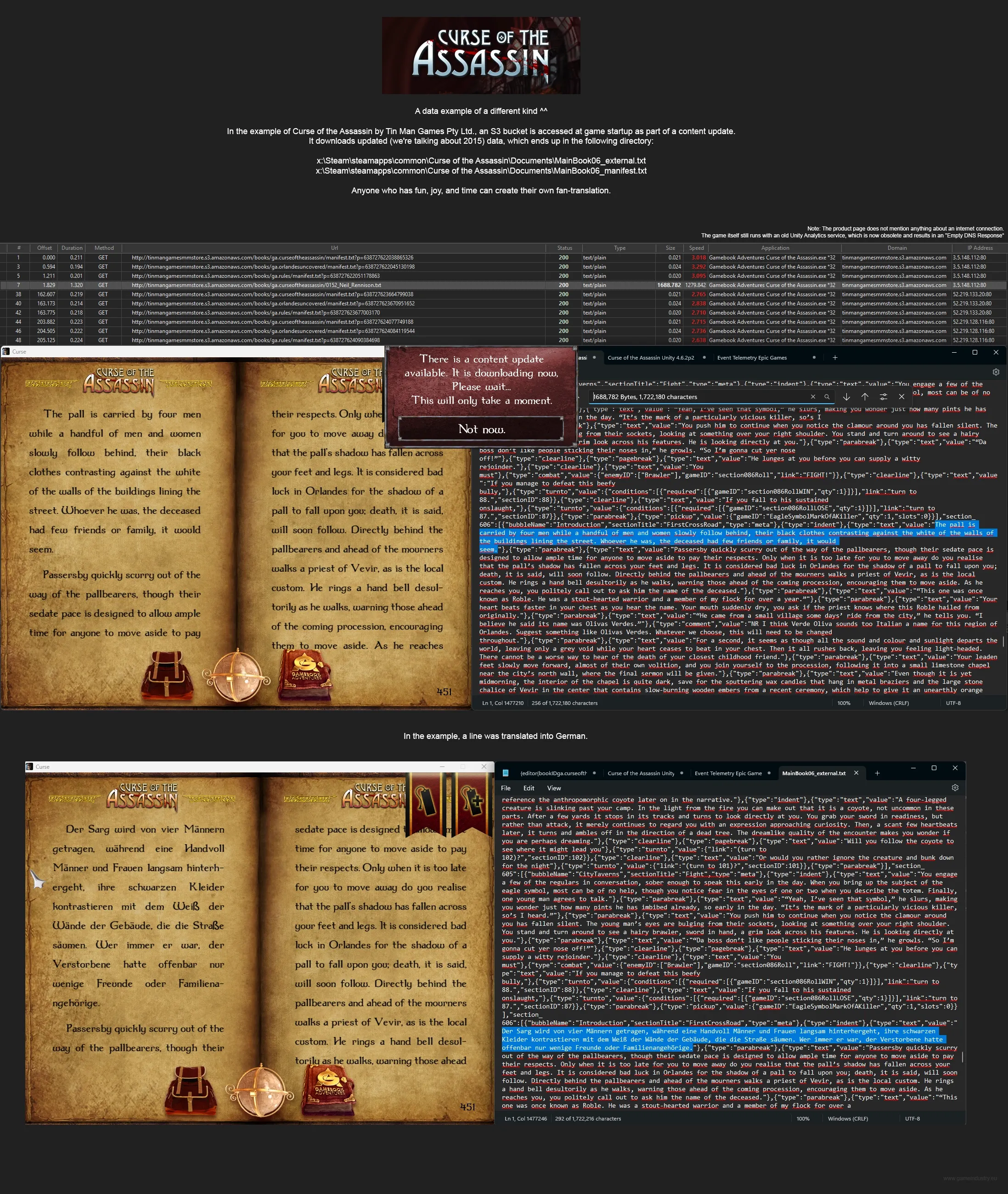 The product establishes an automatic connection to an Amazon S3 bucket at startup to update the in-game texts. These can be modified for custom translations.